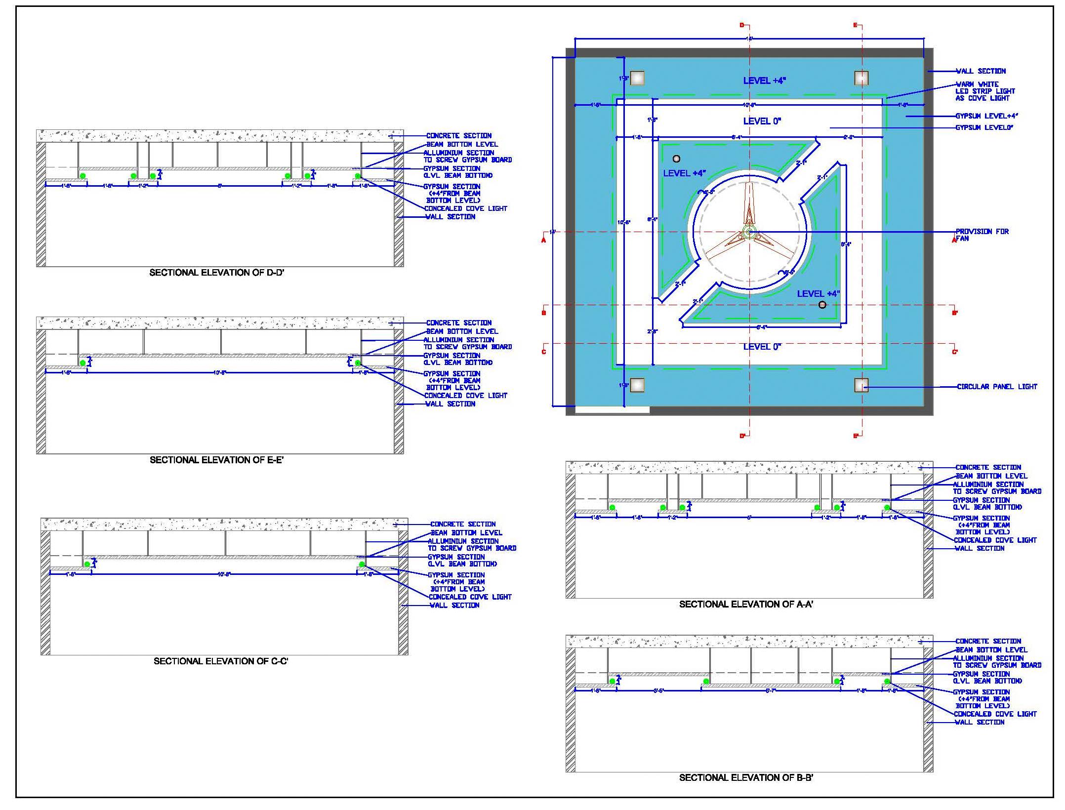 14'x14' False Ceiling CAD Block with Gypsum Design and Sections